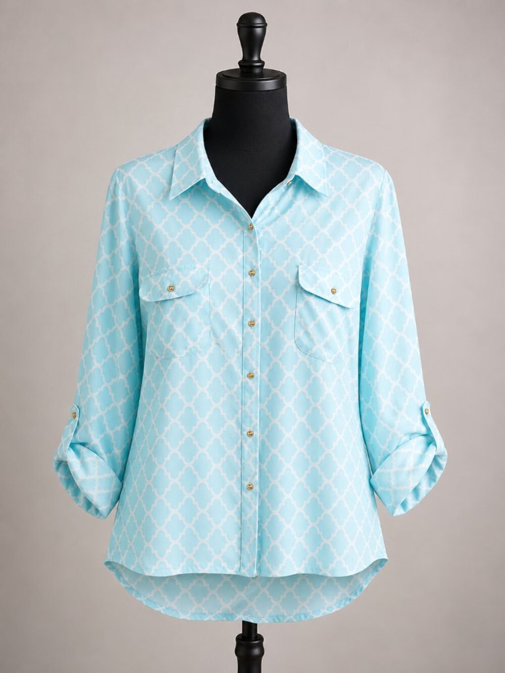 J. McLaughlin Catalina Cloth Geometric Button Down Shirt L Sky Blue Trellis Roll